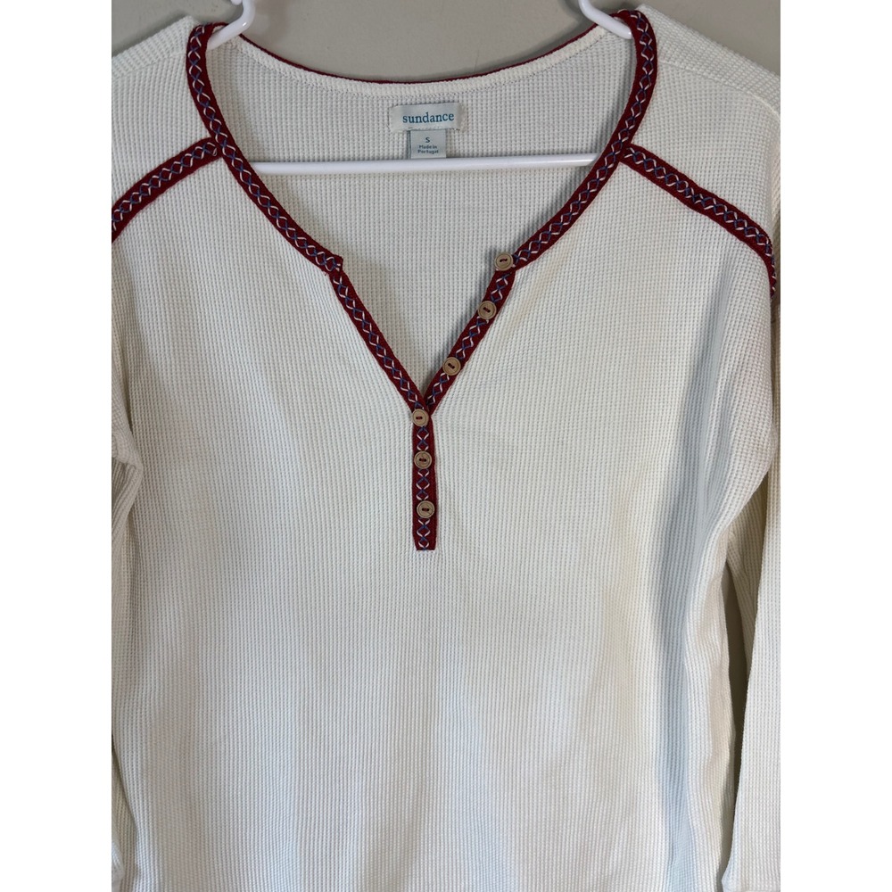 Sundance Women Cream Waffle Knit Henley Top Embroidered Trim Cotton Small - Picture 3 of 6